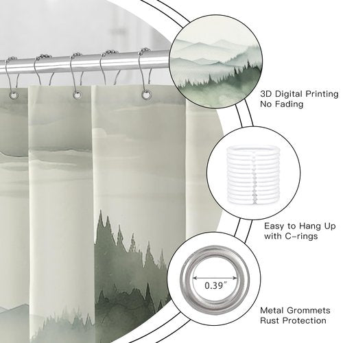 BayNook Dark Green Misty Forest Shower Curtain, Mountain Nature Shower Curtain for Bathroom, Rustic Woodland Pine Tree Landscape Mens Decor Waterproof Fabric Shower Curtain Set with Hooks, 72x72