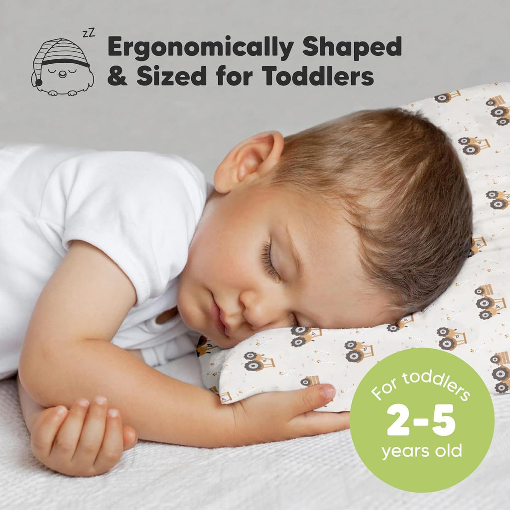 My Little Dreamy Toddler Pillow - Organic Cotton 13x18 Travel Bed Pillow, Soft & Breathable for Ages 2-5 (Tractor)
