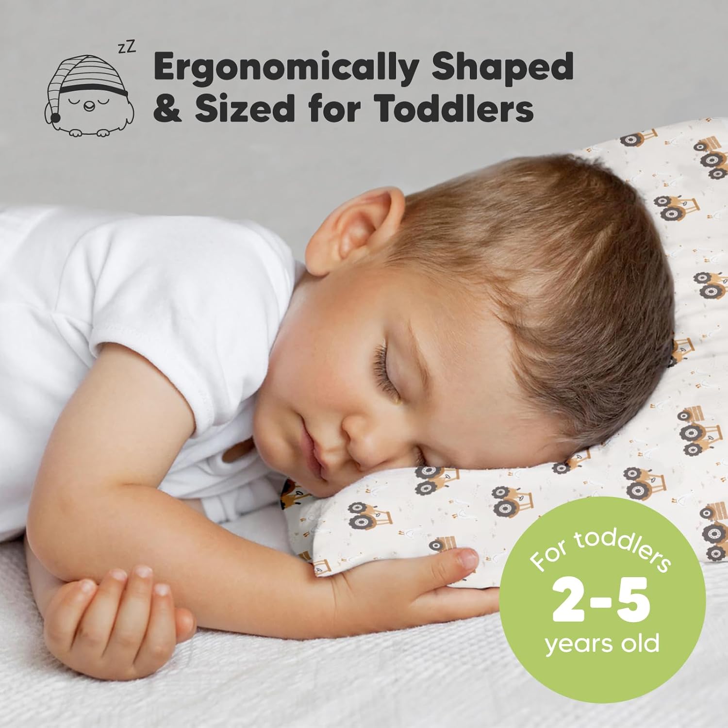 My Little Dreamy Toddler Pillow - Organic Cotton 13x18 Travel Bed Pillow, Soft & Breathable for Ages 2-5 (Tractor)