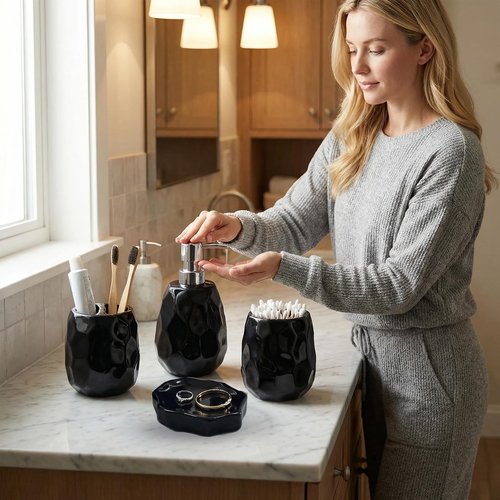 Ceramic Bathroom Accessories Set 4 PCS,Bathroom Toothbrush Holder Set,Soap and Toothbrush Holder Set,Include Toothbrush Holder,Soap Dispenser,Soap Dish,Tumbler,Bathroom Sets Decor Organizer (Black)