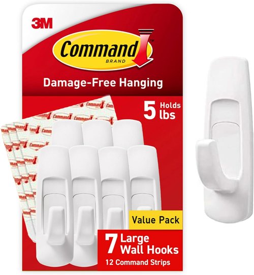 Command Large Utility Hooks - 5 lb Capacity, Damage-Free Adhesive Strips | 7 Hooks & 12 Strips for Easy Organization