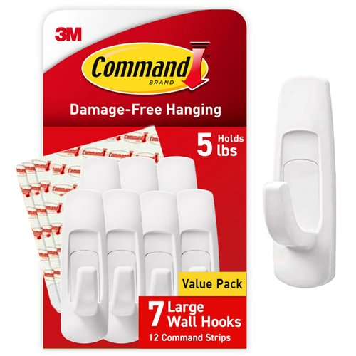 Command 5 lb Large Utility Hooks, 7 Hooks and 12 Strips, Damage-Free Hanging Wall Hook with Adhesive Strips, No Tools Required, Great for Home Kitchen Office Organization