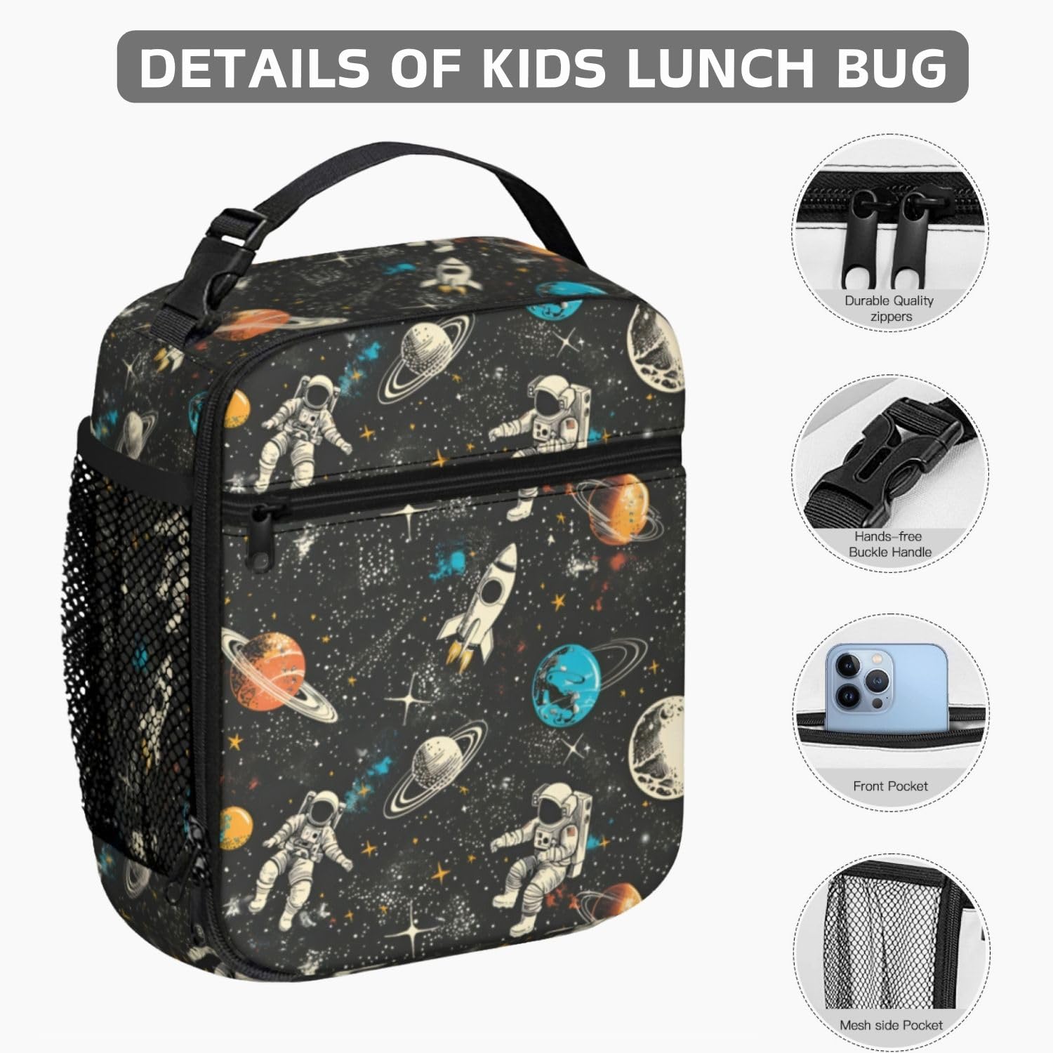 Jollitot Space Backpack for Boys with Insulated Lunch Box Pencil Case (3 Set), 17 Inch Large Lightweight School Bookbag for Elementary Middle School Kids, Waterproof Astronaut Travel Daypack (Black)