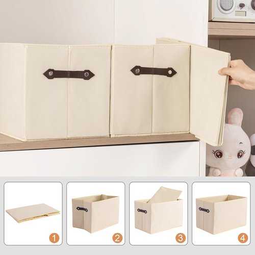 Large Collapsible Storage Baskets by [Brand Name] - Decorative Fabric Organizers with Leather Handles | 14.9"x9.5", Creamy White
