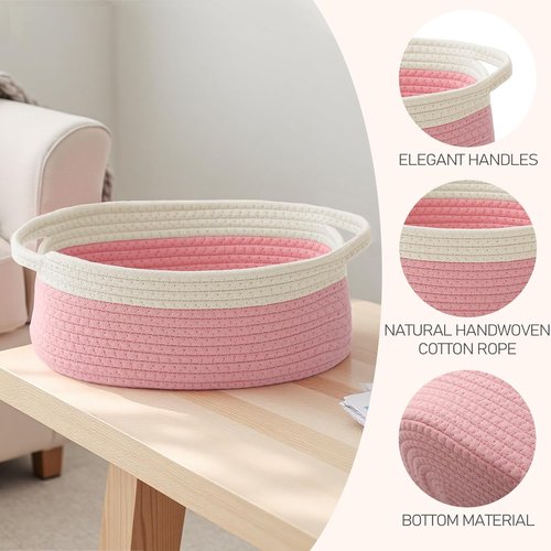 JMvicyroam Woven Storage Baskets - Small Rope Organizer with Handles for Shelves & Closets | White & Pink (3 Pack)