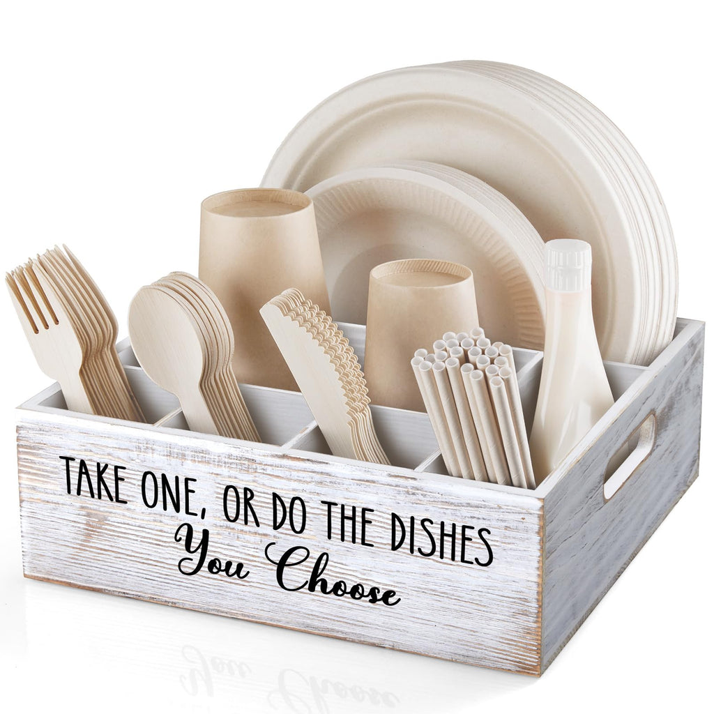 ALELION Rustic White Plate and Utensil Caddy, 6-Compartment Paper Plate and Cutlery Holder with Handles, Kitchen and Party Organizer for BBQs, Picnics, and Gatherings