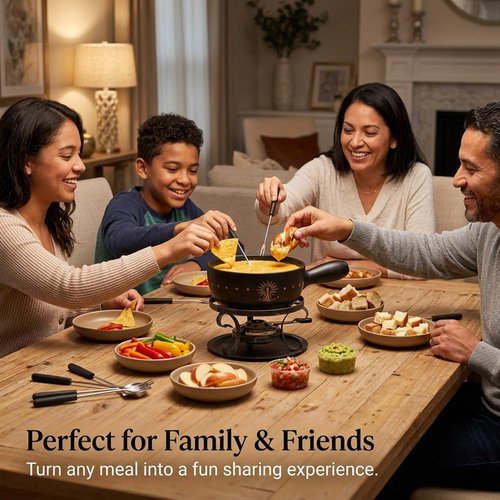Artestia Ceramic Fondue Pot Set for Cheese & Chocolate, 2L Fondue Set for 6 People with Burner, Stand & Forks, Swiss Style Melting Pot for Party, Date Night & Gift