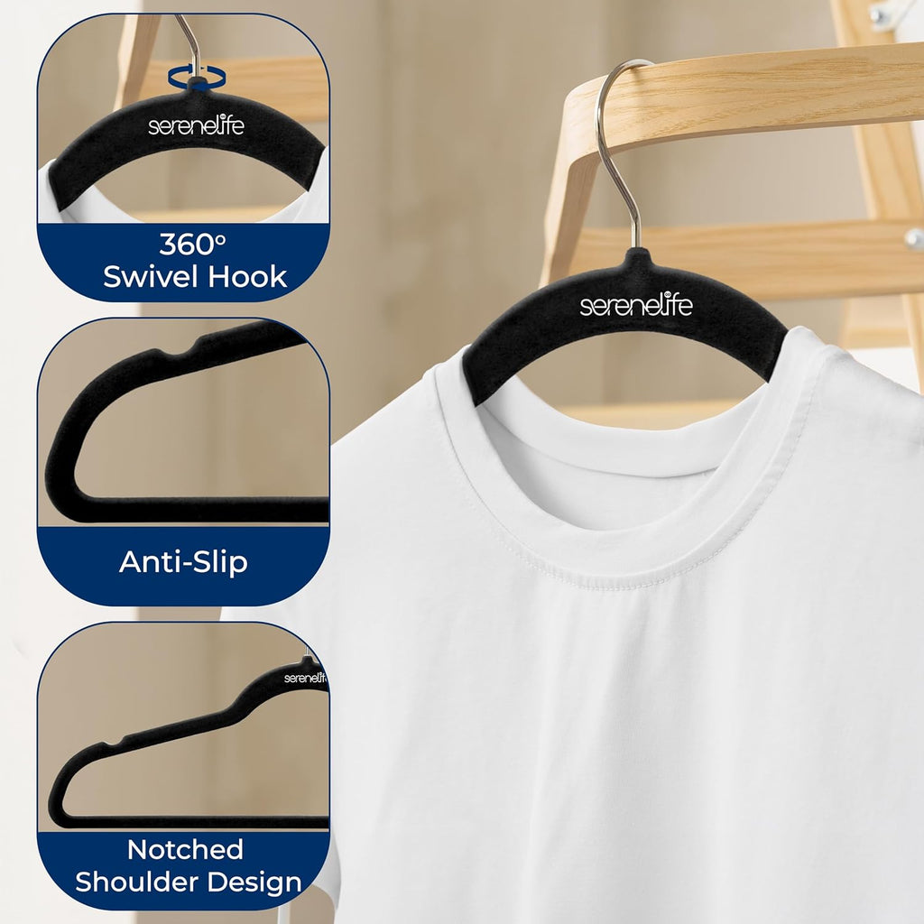 SereneLife Velvet Hangers 100 Pack - Slim Non-Slip Black Clothes Hangers with Chrome 360° Swivel Hook, Durable 10 lbs Capacity for Closet Organization