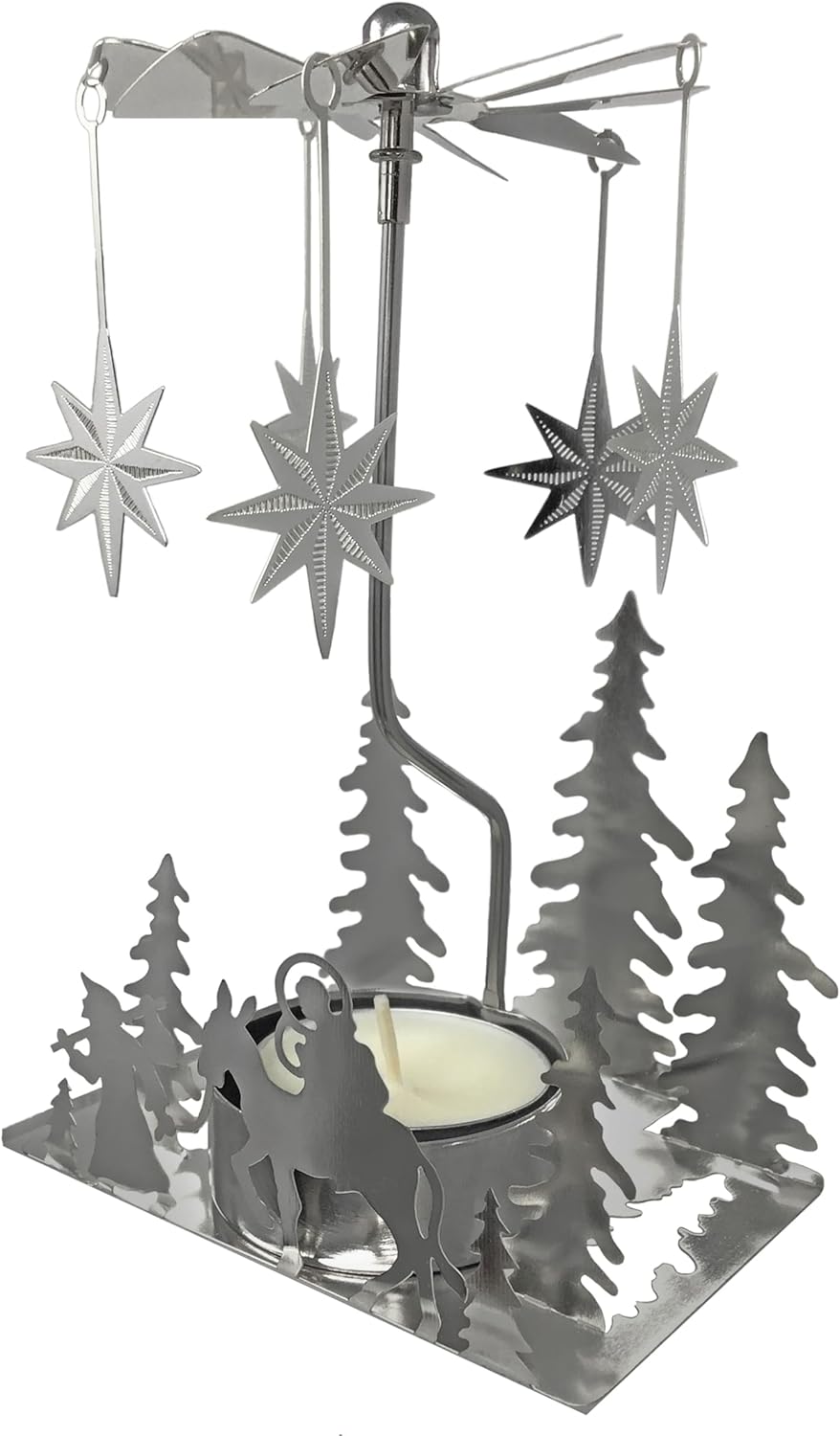 Nativity Candle Spinner - Laser-Cut Silver Tea Light Holder with Nativity Scene & Moravian Stars - 5" H x 3.5" L