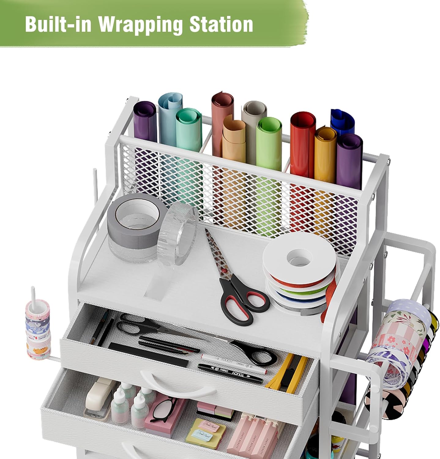 Skiennix Rolling Craft Storage Cart - 2 Fabric Drawers & Lockable Wheels | Gift Wrap Organizer with Ribbon & Tape Holder