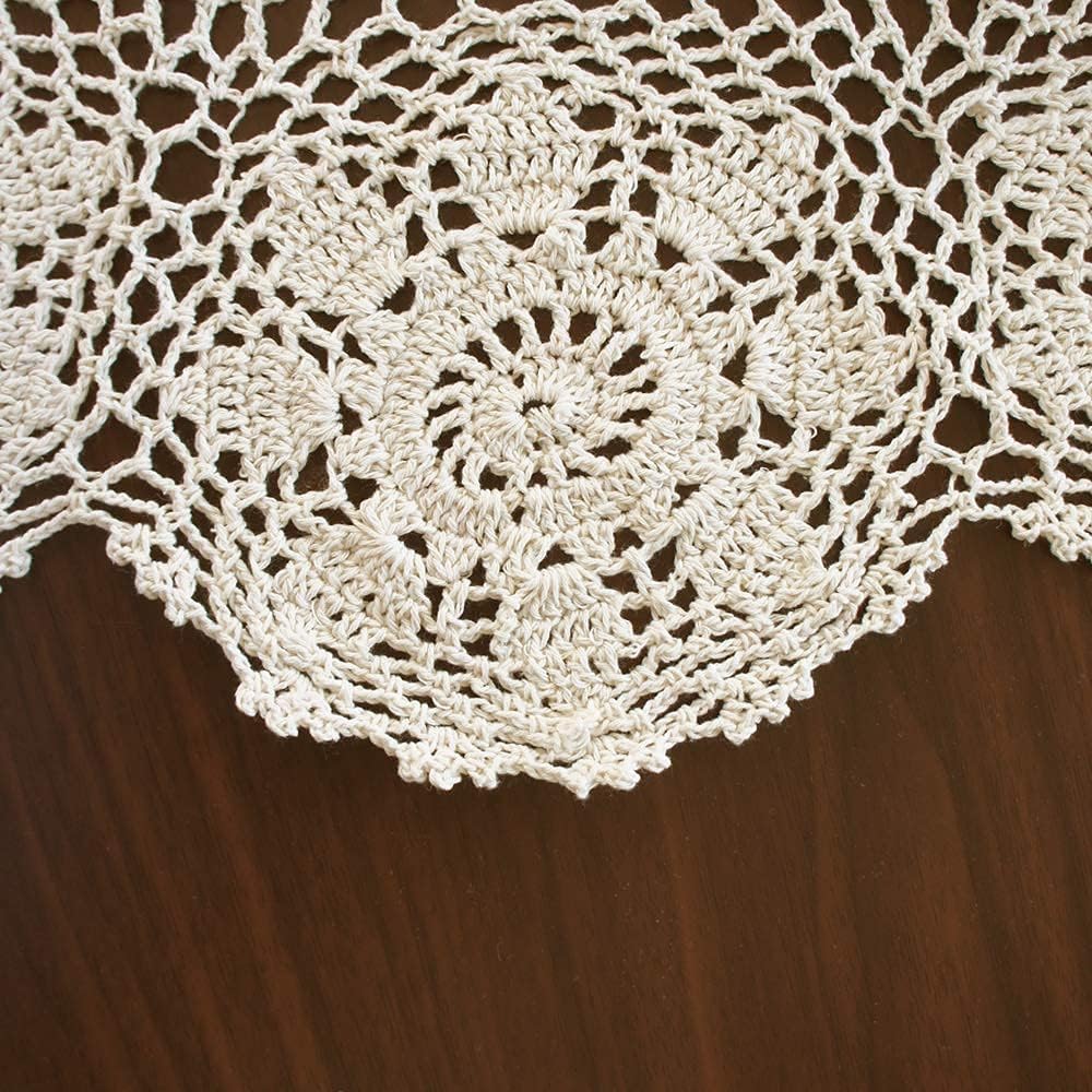 USTIDE Large Crochet Round Tablecloth Beige 90" Cotton Rustic Farmhouse Wedding Table Cloth Table Cover with Floral Lace Design, Handmade Decorative Overlay for Dining Room Kitchen
