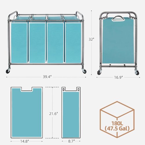 **Storage Maniac Laundry Sorter - 4-Section Hamper with Wheels & Removable Bags - 47.8 Gal, Blue**