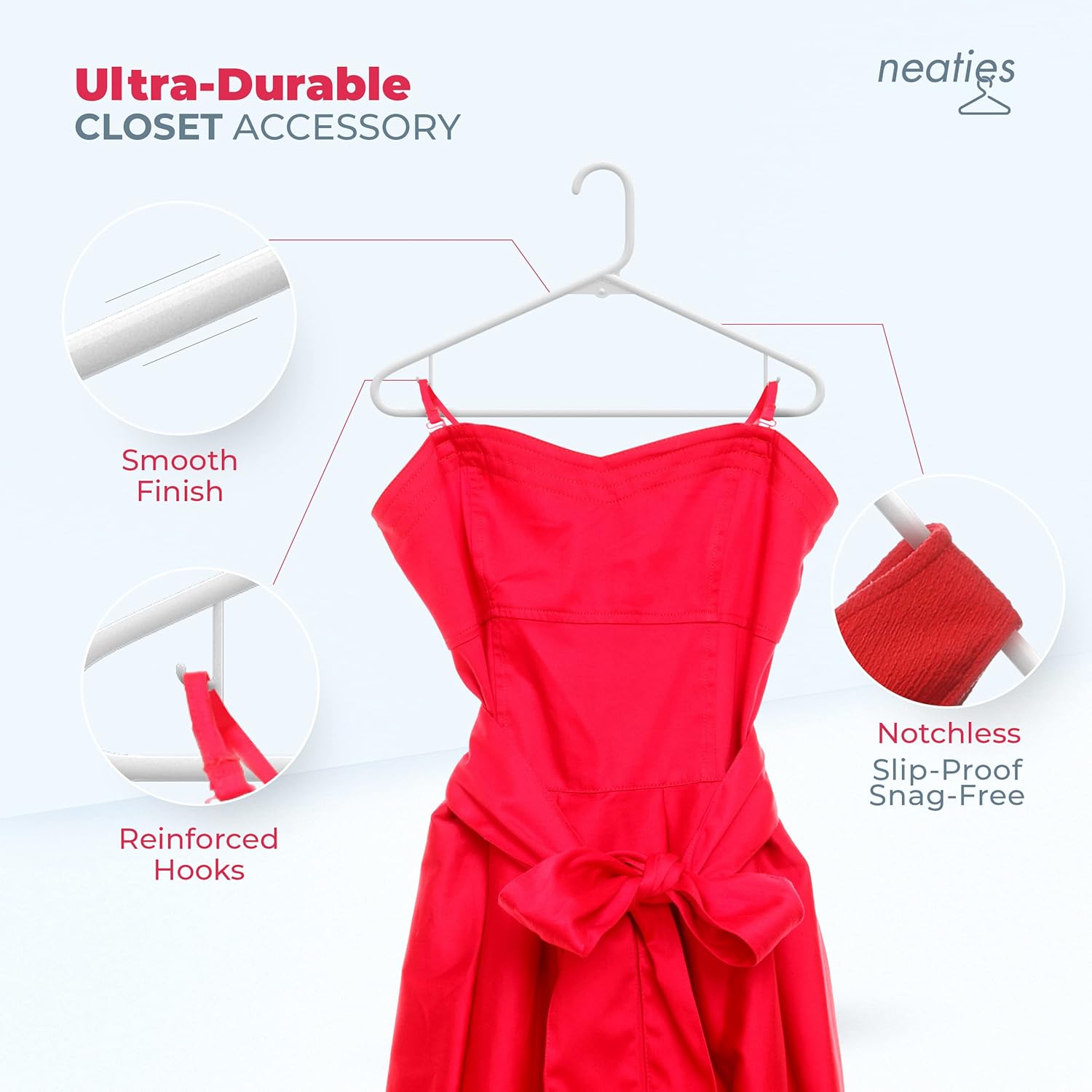 Neaties Plastic Hangers 30 Pack - Durable 6lb Capacity Clothes Hangers with Strap Hooks - White