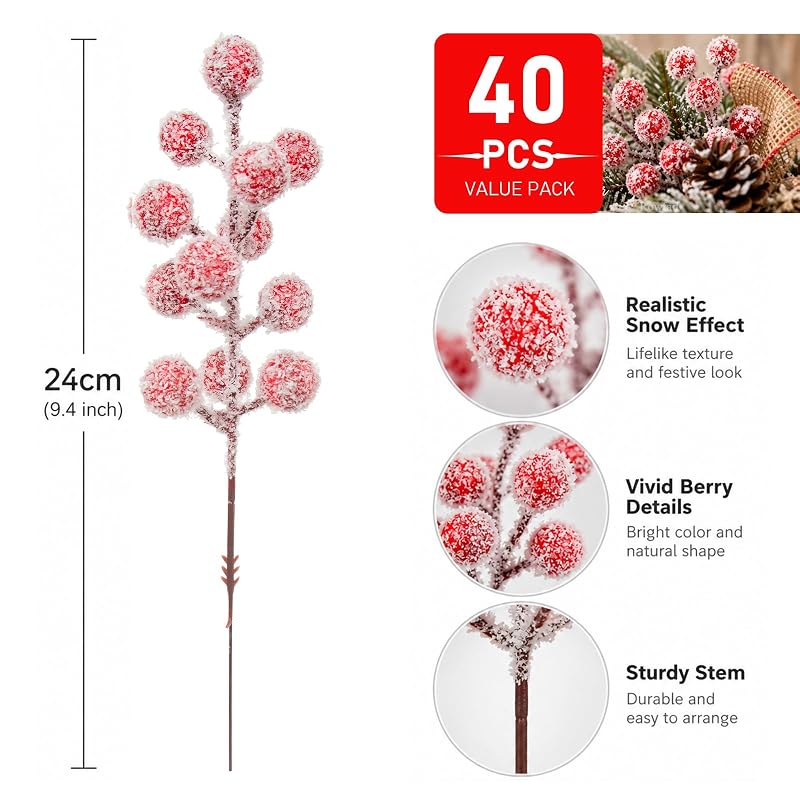40 Pcs Snowy Red Berry Stems - Christmas Floral Picks with White Snow Frost (Variation: Red&White+40)