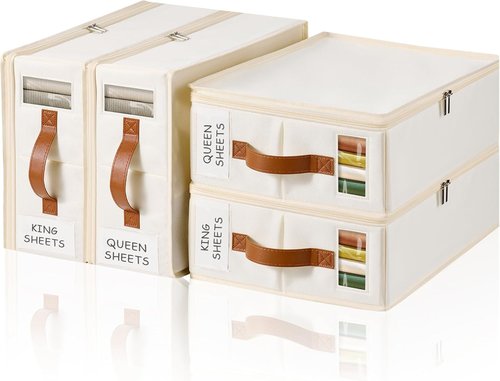 Bed Sheet Organizer 4 Pack - Insect-Proof Storage with Zipper, Handle & Window | Ideal for Linen Closet
