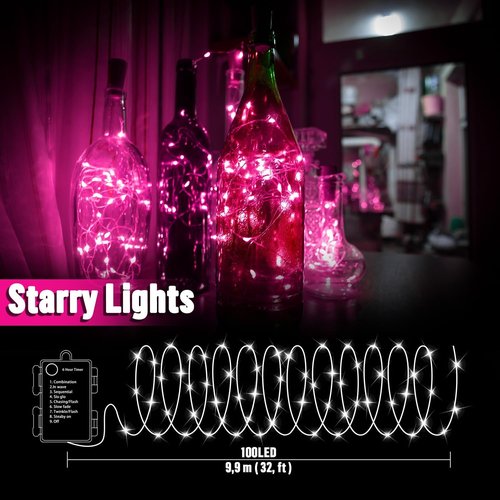 LAMPHOME 100 LED Pink Valentine Lights - Battery Operated Fairy String Lights with Remote & Timer for Indoor Decor