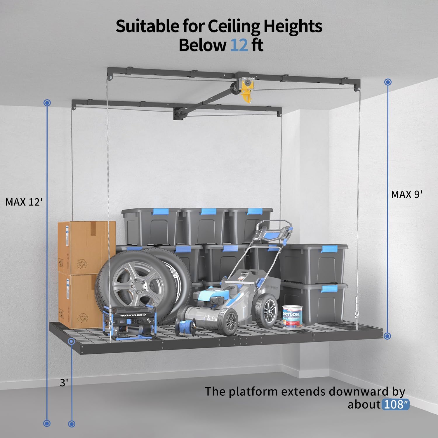 Overhead Garage Storage Rack - Heavy-Duty 4x8 FT Ceiling Mounted System with Safety Lock | 325 lbs Capacity