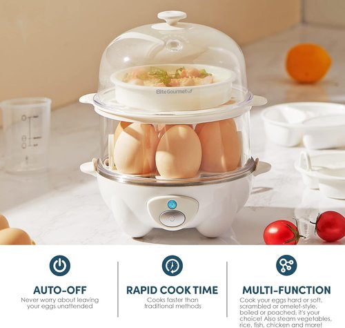 Elite Gourmet 2-Tiered Egg Cooker - Rapid 5-Egg Poacher for Soft, Medium, Hard-Boiled Eggs | BPA Free, White
