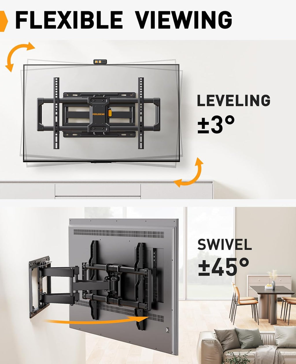 Perlegear Full Motion TV Wall Mount - Heavy Duty Bracket for 42-86 Inch TVs, Swivel & Tilt, Max VESA 600x400mm