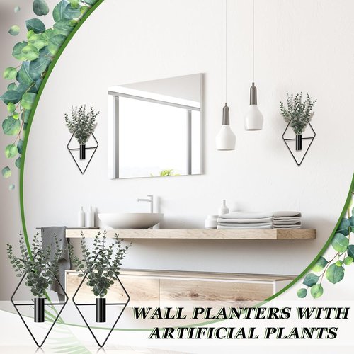 Jexine Hanging Planters - 4 Pcs Metal Eucalyptus Vases for Indoor Decor | Modern Geometric Boho Style (Black)
