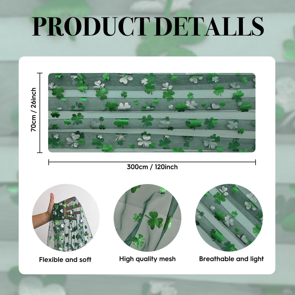 Artoid Mode Green Gauze Shamrocks St.Patrick's Day Table Runner 120 Inch 10FT,Seasonal Sheer Dining Holiday Baby Shower Table Decor for Home Party