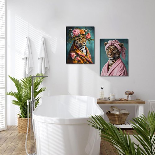 Leopard Wall Art Set by Funny Bathroom - Eclectic Bathrobe Decor | Aesthetic Canvas Prints 12x16