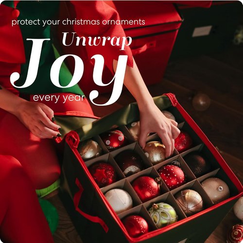 Handy Laundry Christmas Ornament Storage Box - Holds 64 Ornaments with Adjustable Dividers | Green, Zippered Top & Two Handles