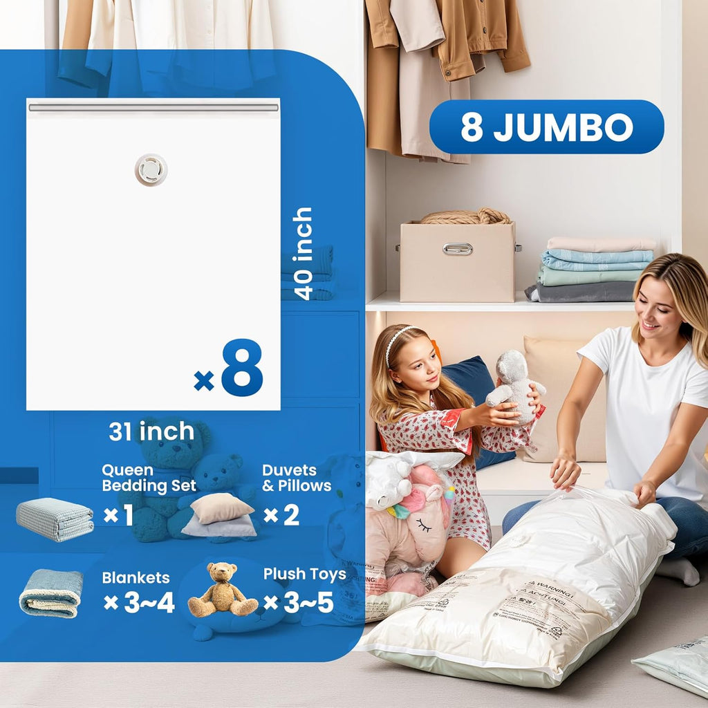 TAILI Jumbo Vacuum Storage Bags - 8 Pack for Comforters & Blankets | Space-Saving 40x31 Inch Bags