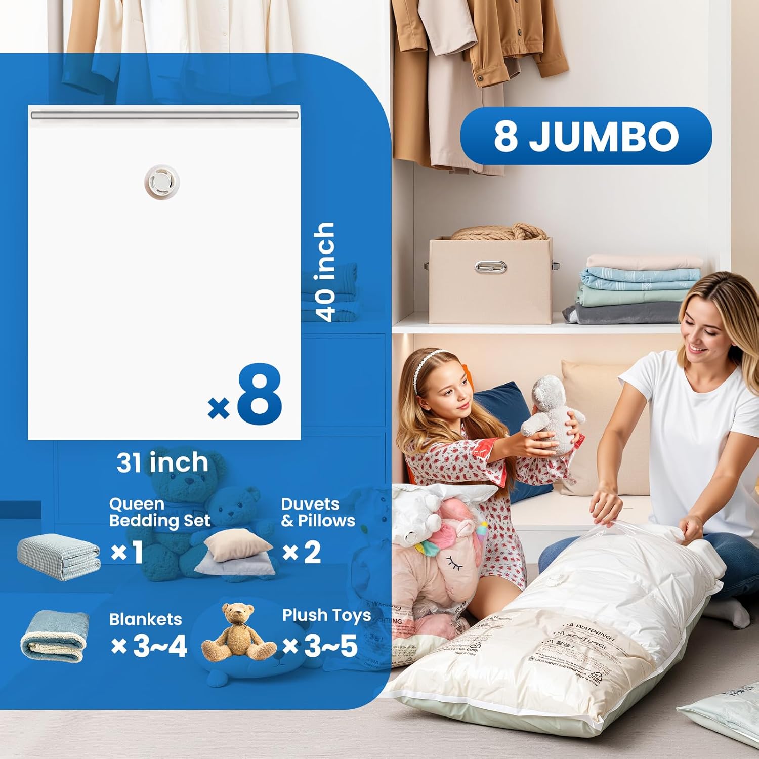 TAILI Jumbo Vacuum Storage Bags - 8 Pack for Comforters & Blankets | Space-Saving 40x31 Inch Bags
