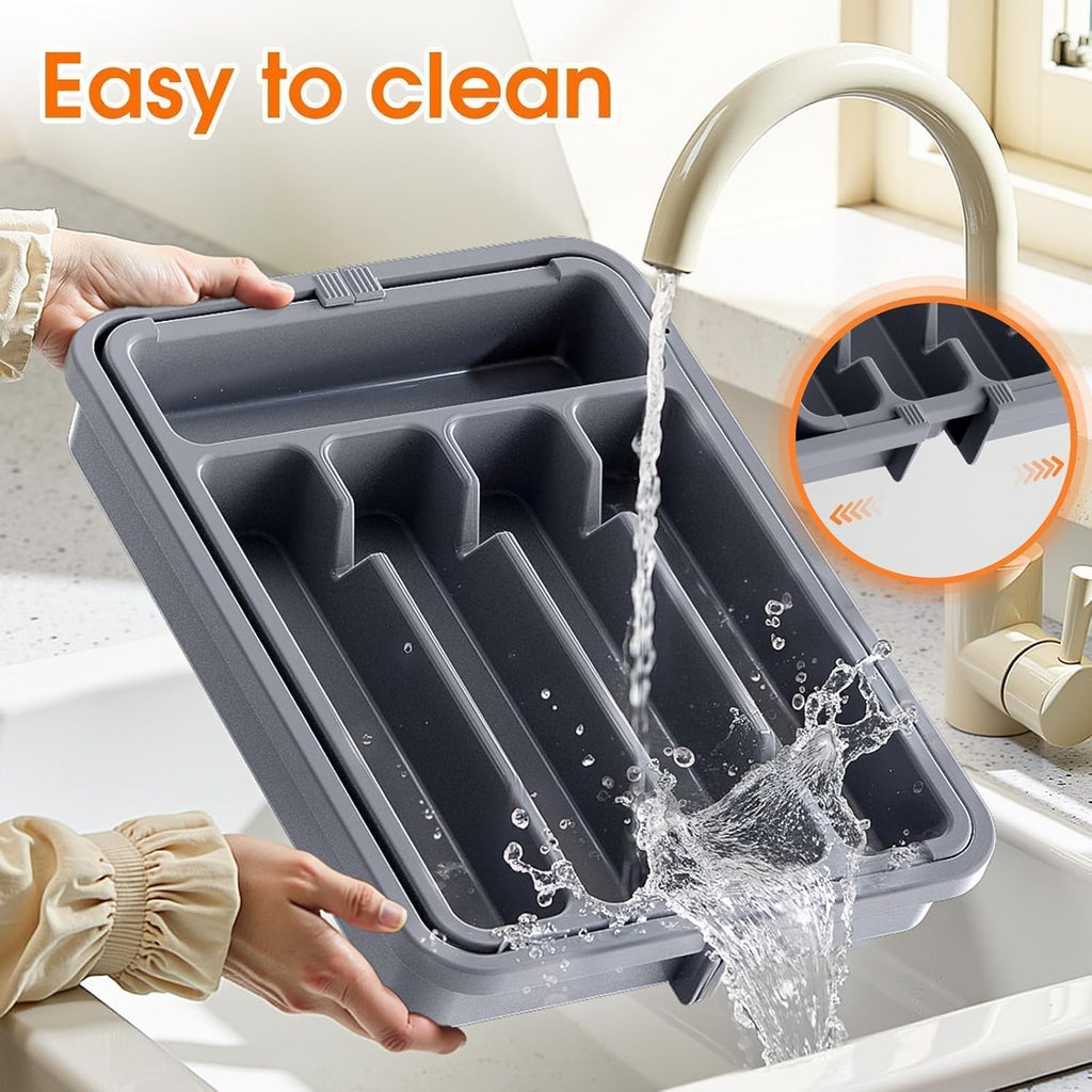 SpaceHacks Silverware Organizer - Adjustable & Expandable Utensil Drawer Holder | BPA-Free Cutlery Tray in Medium Grey