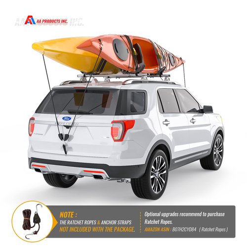 AA-Racks 2 Pair J-Bar Rack for Kayak Carrier Canoe Boat Paddle Board Surfboard Roof Top Mount on Car SUV Truck Crossbar with 16 Ft Ratchet Lashing Straps