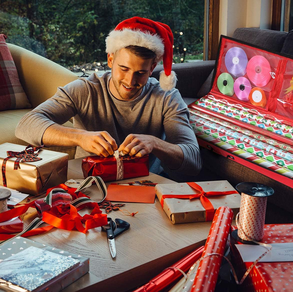 Primode Wrapping Paper Storage Container - Under Bed Organizer for 30-Inch Rolls | 31”x13.5”x4.5” | Durable 600D Oxford Material with Pockets for Ribbons and Bows (Red)