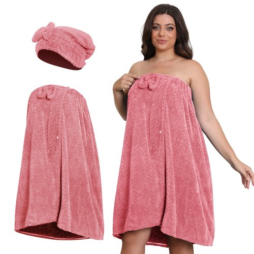 Emdelifo Plus Size Bath Towel Wrap for Women (XXL-XXXXL) with Hair Towel, Oversize Shower Wrap Dress Spa Bathrobe, Comfortable Adjustable Body Wrap, Dry Quickly, 82.68x31.5'', Pink