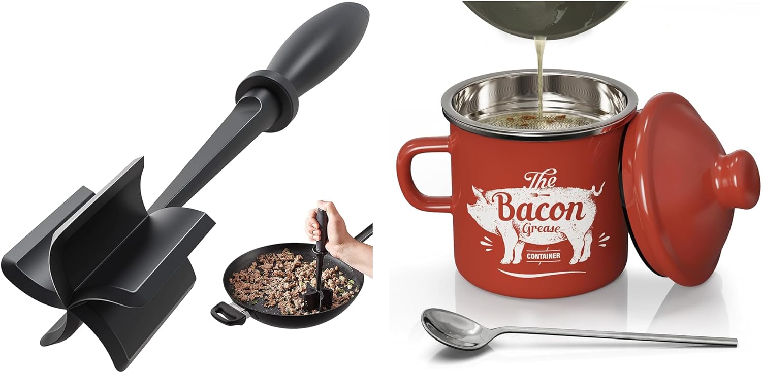 Skiennix Black Meat Chopper & 15oz Mini Red Bacon Grease Container - Durable & Stylish Kitchen Tool
