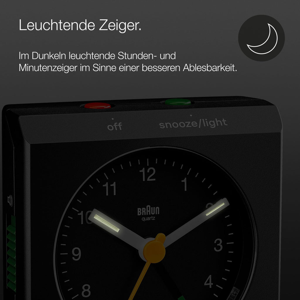 Braun Classic Analogue Travel Alarm Clock with Snooze and Light with Folding Map Lid, Black, BC05B