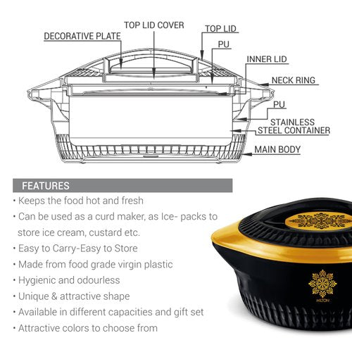MILTON Royal Regular Casserole 5000/7500/10000, Set of 3, (4.5 Ltrs, 7.5 Ltrs, 10 Ltrs), Black Gold | BPA Free | Food Grade | PU Insulated | Hot & Cold