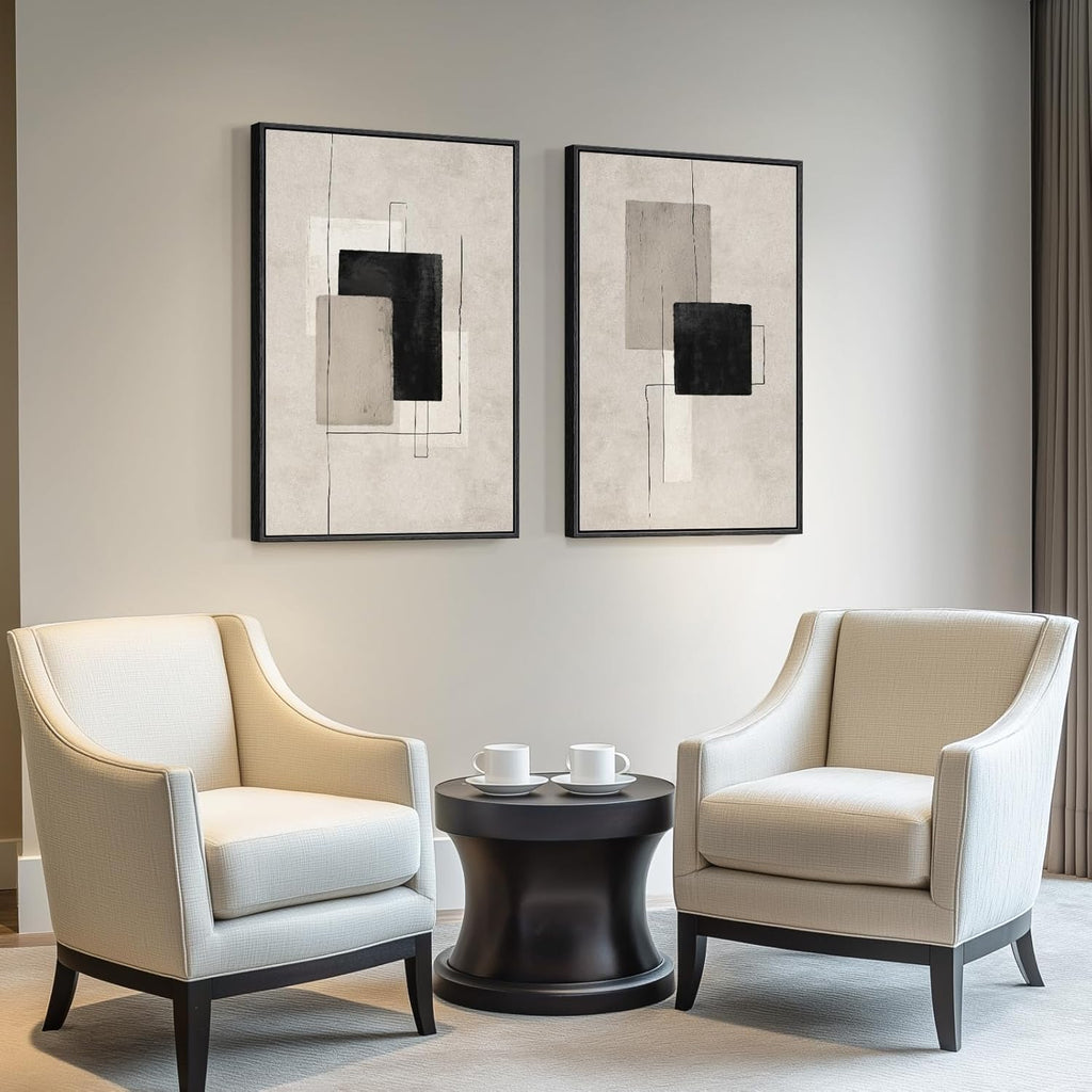 Neutral Abstract Wall Art Set by [Brand Name] - Large Black & Beige Canvas Prints for Living Room | 24x36 In