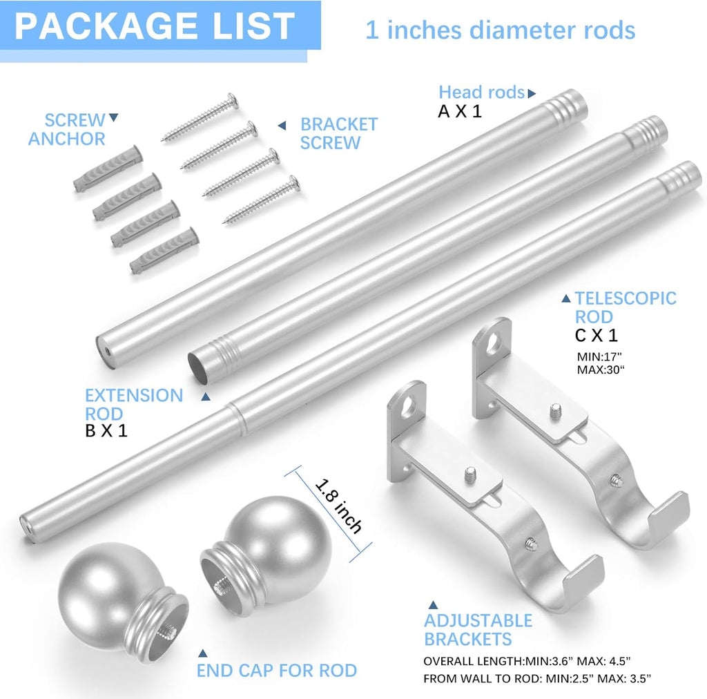 Max Adjustable Curtain Rods by [Brand Name] - 16 to 48 Inches, Satin Silver, 1" Diameter, Pack of 1