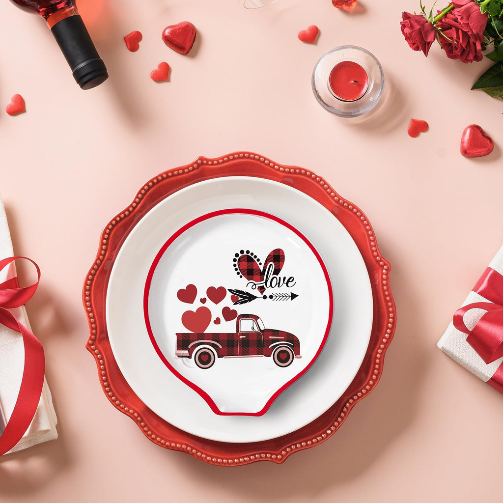 4.7inch Valentine Ceramic Spoon Rest Red Plaid Truck Heart Love Coffee Spoon Holder for Valentine's Day Coffee Stirrers Teaspoon Bar Coffee Station Accessories