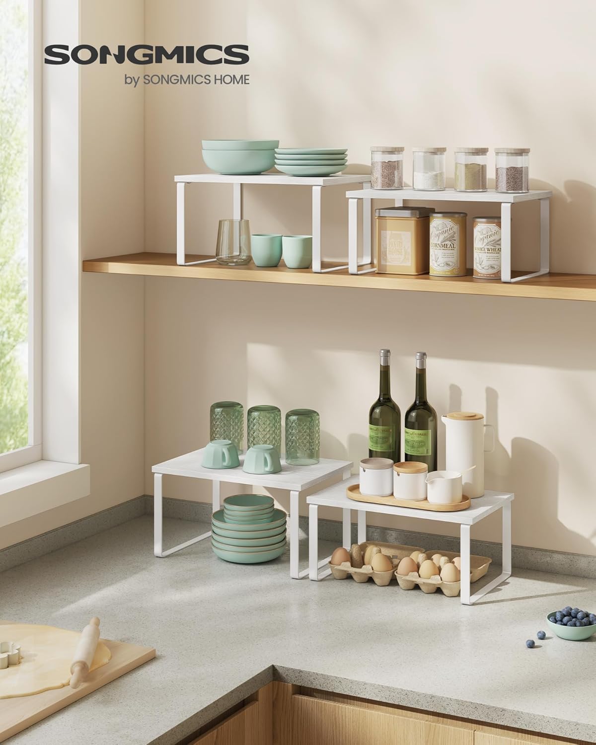 SONGMICS Kitchen Organizer Shelves - Set of 2 Stackable Spice Racks in Cloud White & Snow White