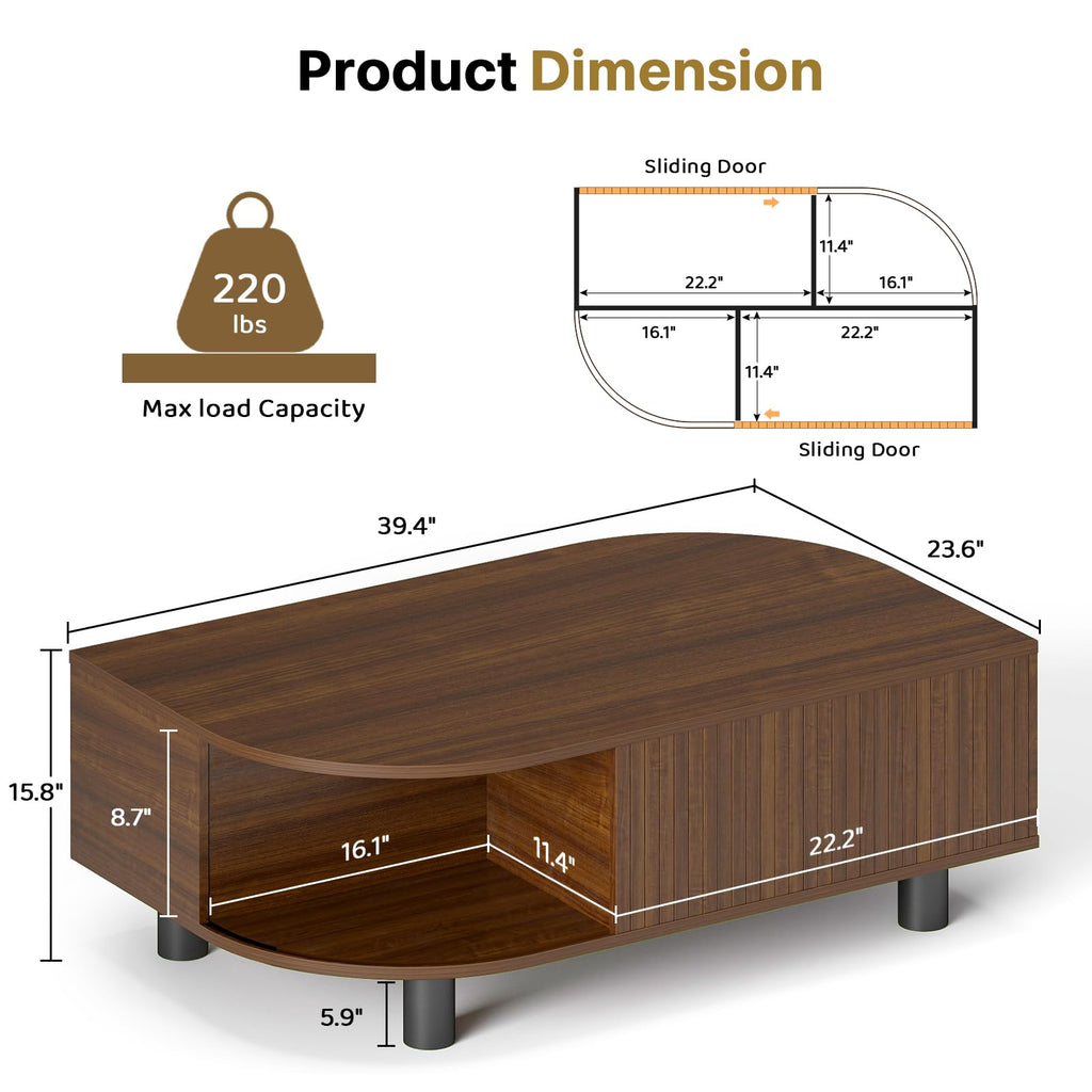 sunmiler Mid-Century Modern 39.4" Coffee Table - Leaf-Shaped Wood Center Table with Storage, Retro Fluted Central Table with Sliding Door for Living Room, Office, Walnut
