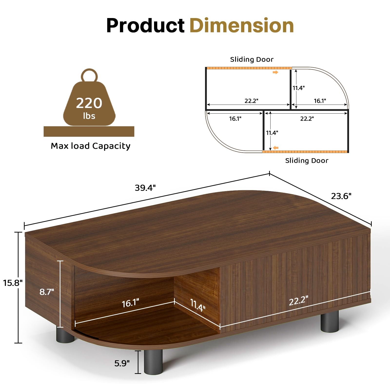sunmiler Mid-Century Modern 39.4" Coffee Table - Leaf-Shaped Wood Center Table with Storage, Retro Fluted Central Table with Sliding Door for Living Room, Office, Walnut