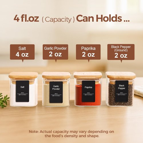 ComSaf Spice Jars - 4 oz Glass Seasoning Containers with Labels | 6-Pack Square Jars for Spices