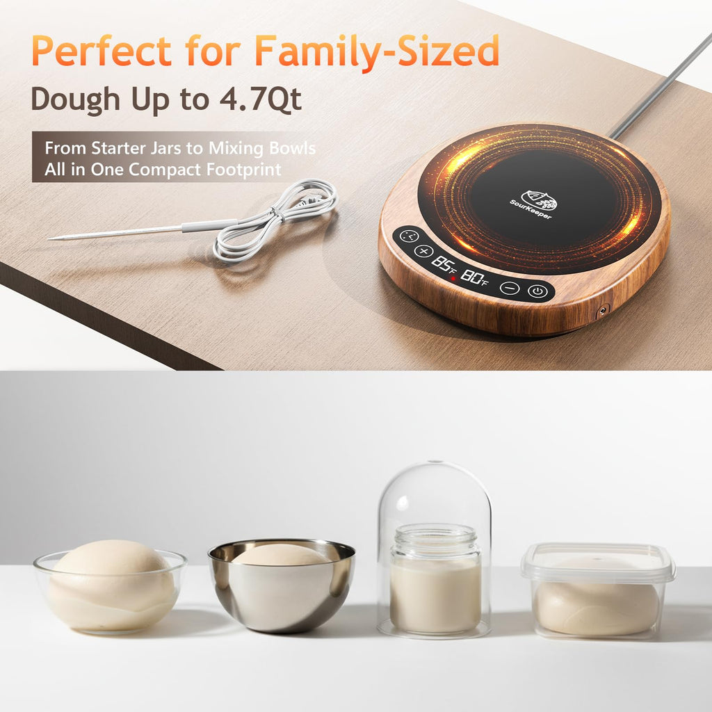 Pakusane SourKeeper, Larger 2-in-1 Sourdough Starter Warmer Pro - 2026 Upgrade Larger Heating Plate, Dough Temp Probe, 1°F Control (70–110°F), 24H Timer, Real-Time Monitoring Walnut,6.5inch