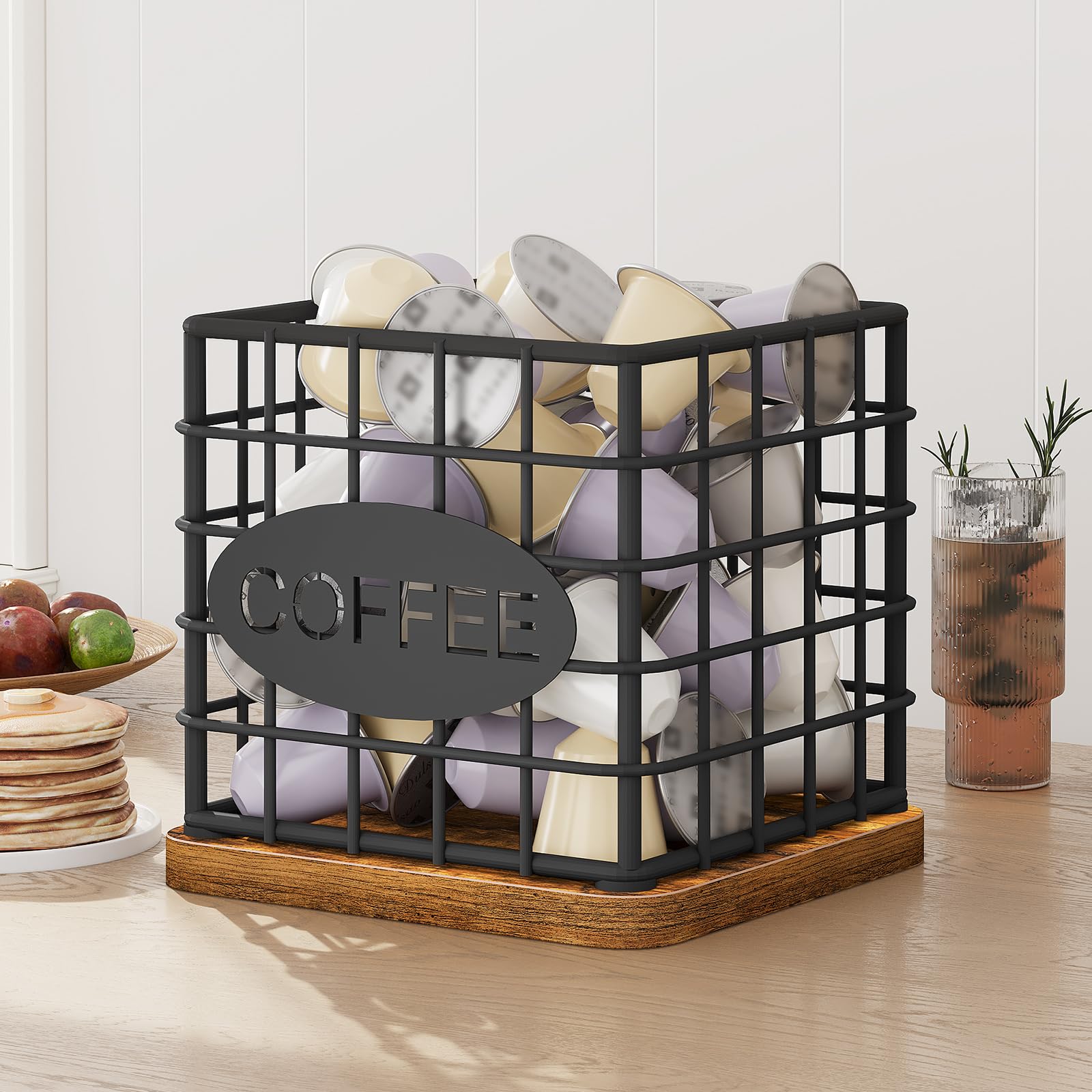 YATINEY Coffee Pod Holder for K Cup, Large Capacity Coffee Pod Organizer, Versatile Coffee Capsule Storage Basket with Wooden Base, Rustic Brown KH10BR