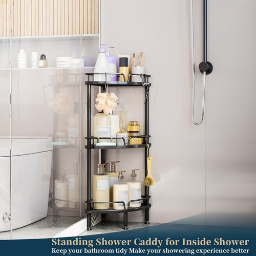 Consumest Corner Shower Caddy Stand - 3-Tier Organizer with Soap Holder & Adjustable Feet | Black