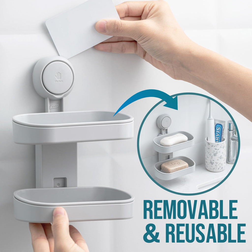 TAILI Soap Holder Soap Dish for Shower, Suction Cup Soap Holder for Shower Wall, Bathroom Accessories, Removable Strong Hold Soap Saver, Drill Free Double Soap Dish, Grey 2 Layer