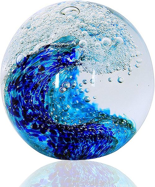EUSTUMA Hand Blown Glass Figurine - Ocean Waves Paperweight | Unique Home Decor for Ocean Lovers