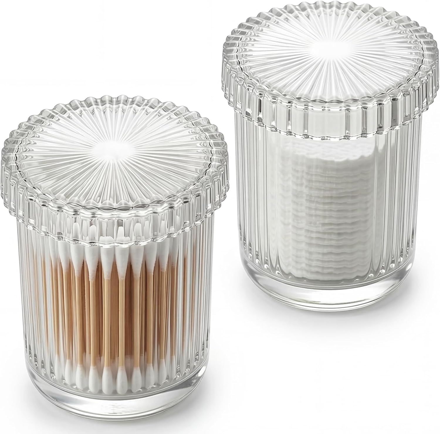 Rejomiik Glass Qtip Holder Dispenser - 2 Pack Apothecary Jars with Lids for Cotton Swabs & Makeup Storage