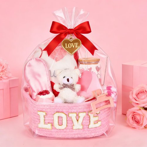 12 Pcs Valentine's Day Woven Basket Gift Set Romantic Spa Relaxation Basket Set for Her Self Care Package with Heart Blanket Socks Bath Salt Ball Glass Cup Bear for Women Girlfriend Wife Mom (Pink)